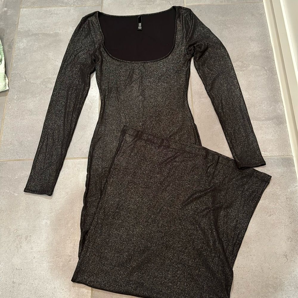 Skims soft lounge shimmer black sparkle maxi dress.